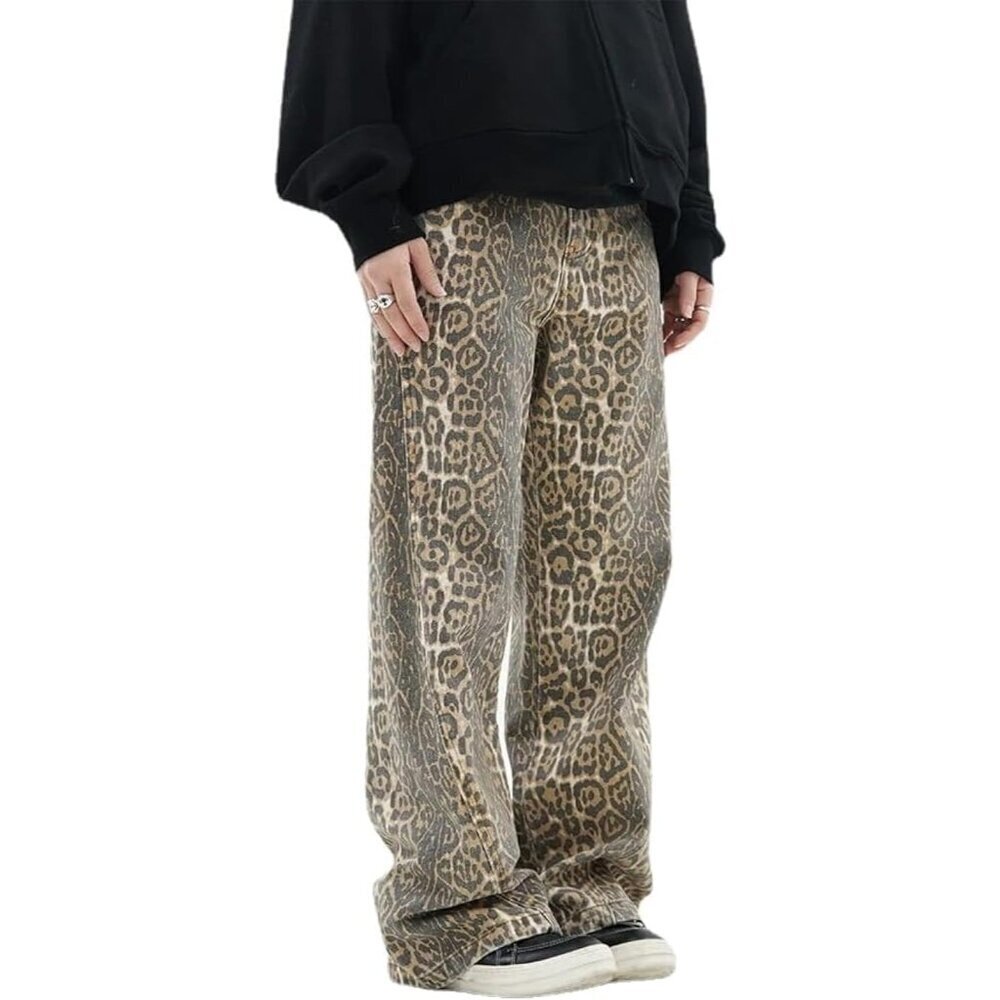 Leopard Print Denim Jeans Womens Baggy Y2K Grunge Fashion Small